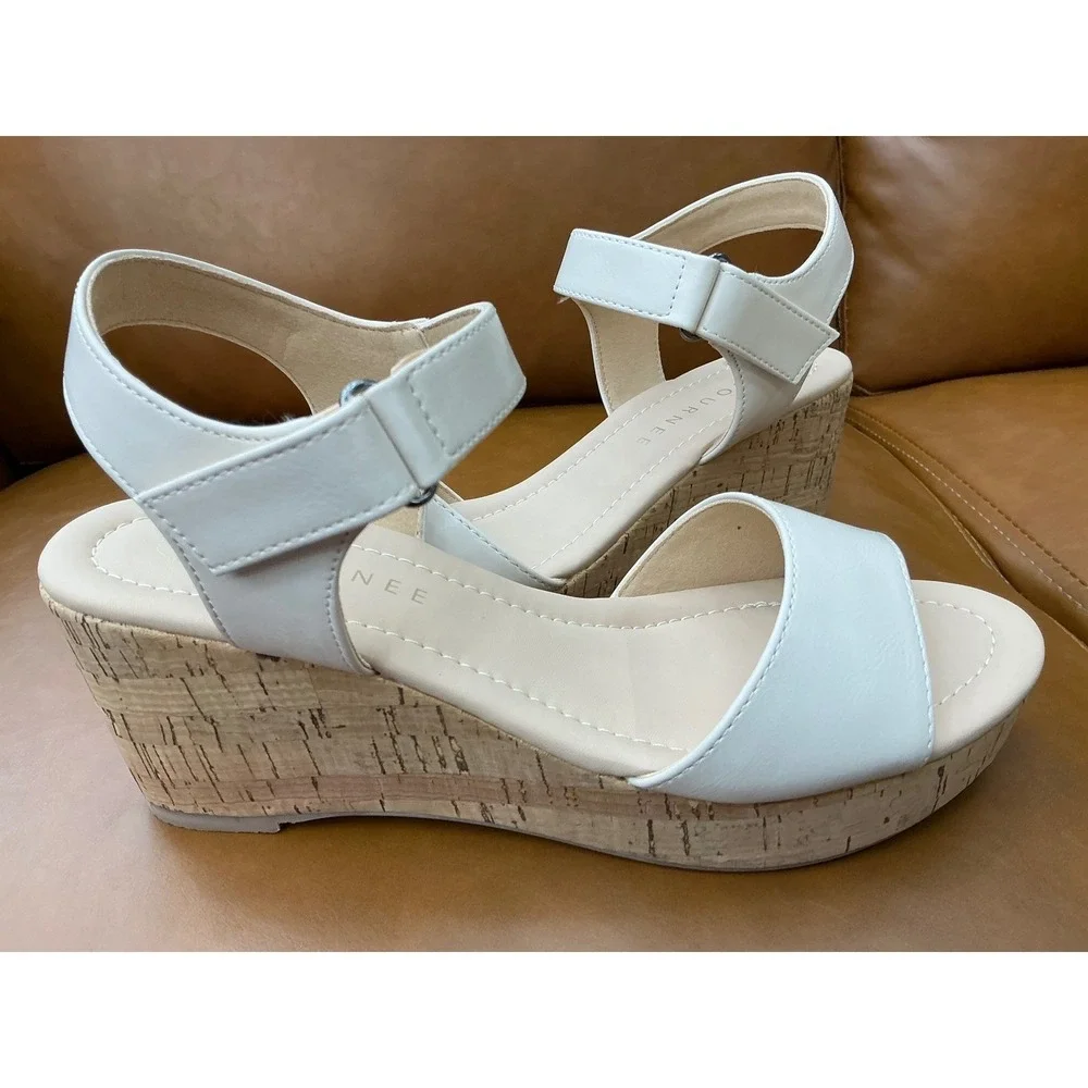 Journee Ranae Wedge Sandals Womens 8‎ Bone Cork Platform Ankle Strap